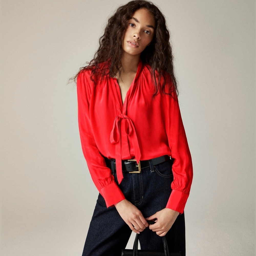 Tie-Neck Top in Crepe De Chine by J.Crew Candy Apple Red Size 18